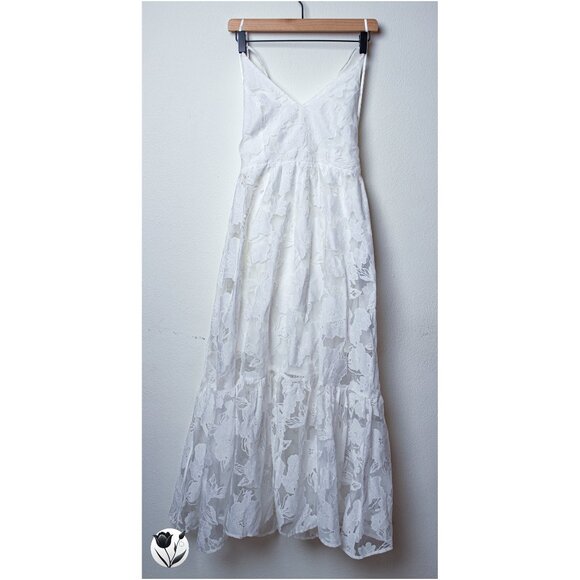 Lulus Dress Size S White Jacquard Organza Lace-Up Midi Floral Bridal - Picture 3 of 11
